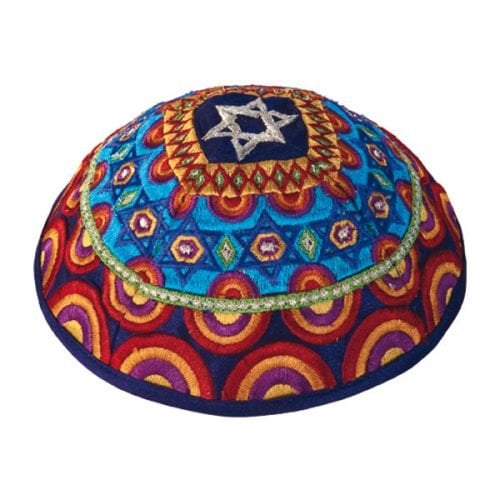 Yair Emanuel Embroidered Kippah, Stars of David - Blue and Red