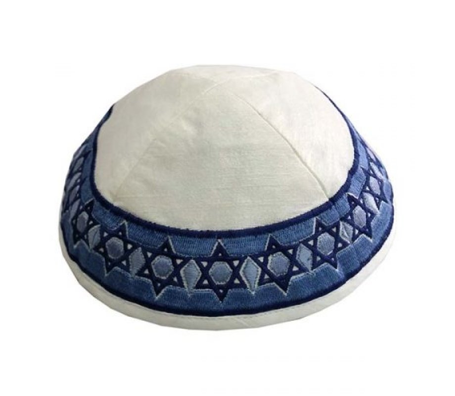 Yair Emanuel Embroidered Kippah, Stars of David - Shades of Blue