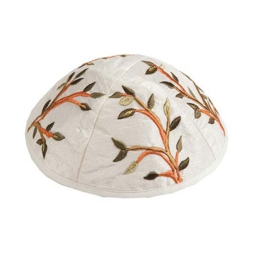Yair Emanuel Embroidered Kippah, Tree of Life - Gold and Green Shades on White