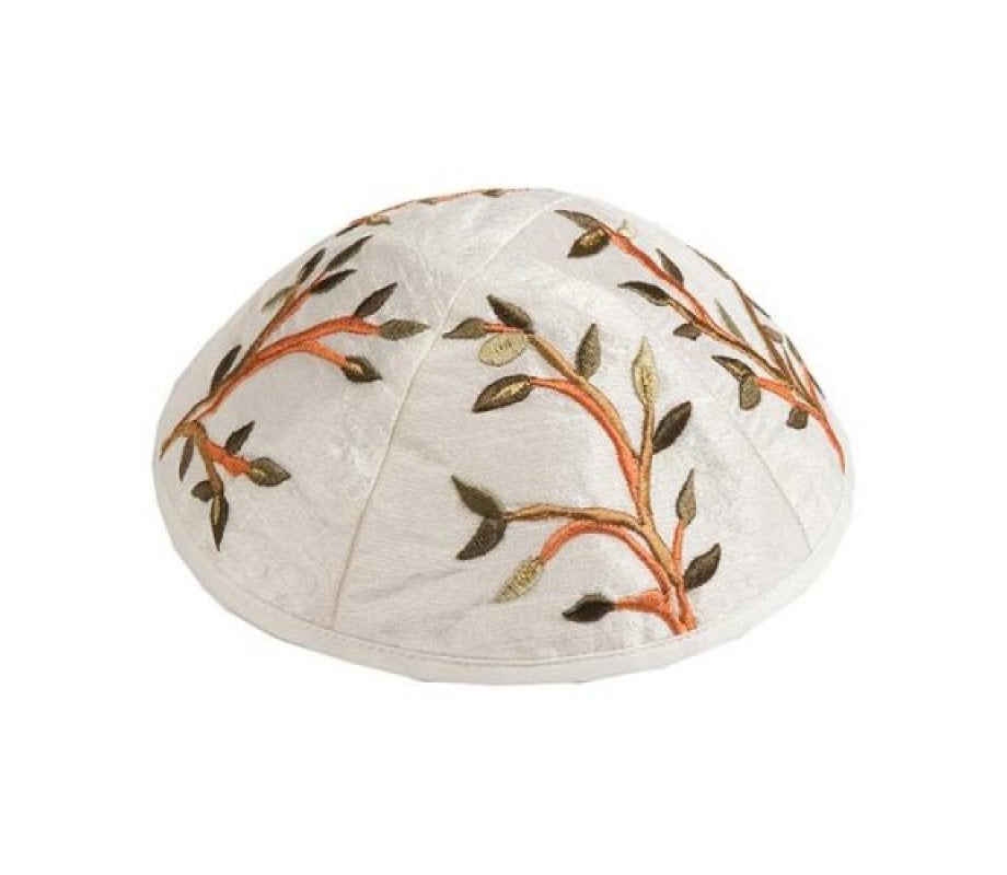 Yair Emanuel Embroidered Kippah, Tree of Life - Gold and Green Shades on White