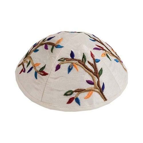 Yair Emanuel Embroidered Kippah, Tree of Life Design - Colorful on Cream