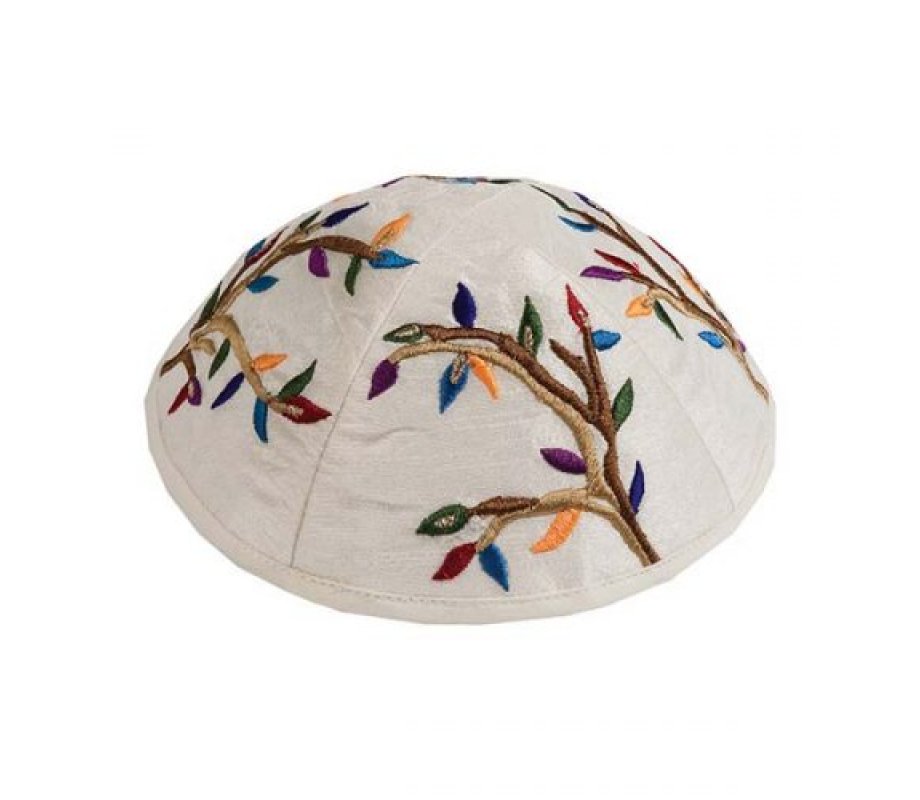 Yair Emanuel Embroidered Kippah, Tree of Life Design - Colorful on Cream