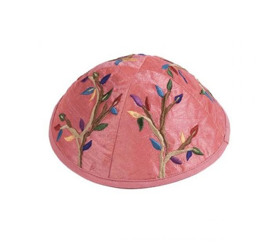 Yair Emanuel Embroidered Kippah, Tree of Life Design - Colorful on Pink