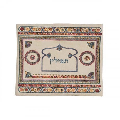 Yair Emanuel Embroidered Linen Tallit & Tefillin Bag, Red - Oriental Motifs