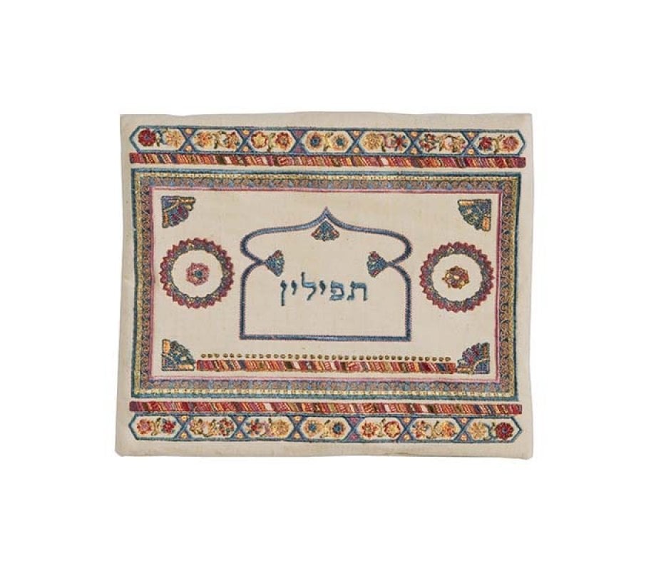 Yair Emanuel Embroidered Linen Tallit & Tefillin Bag, Red - Oriental Motifs