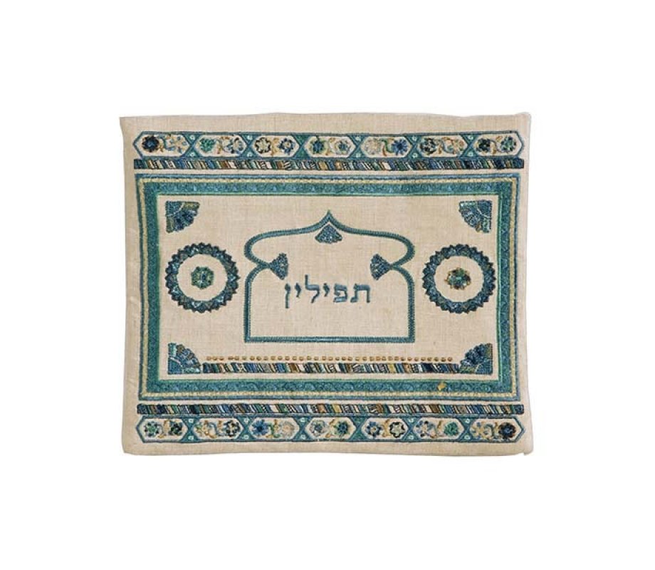 Yair Emanuel Embroidered Linen Tallit & Tefillin Bag, Turquoise - Oriental Motifs (Sold Separately)