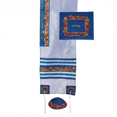 Yair Emanuel Embroidered Polysilk Blue Tallit Set - Colorful Jerusalem Design