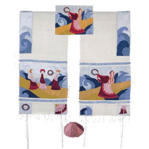 Yair Emanuel Embroidered Raw Silk Tallit Set, Miriam & Tambourines at Red Sea