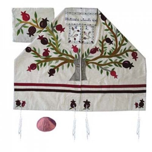 Yair Emanuel Embroidered Raw Silk Tallit Set, Tree of Life Pomegranate Tree - White