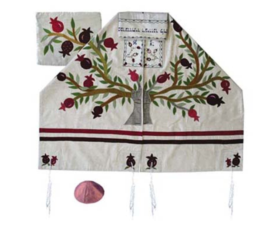 Yair Emanuel Embroidered Raw Silk Tallit Set, Tree of Life Pomegranate Tree - White