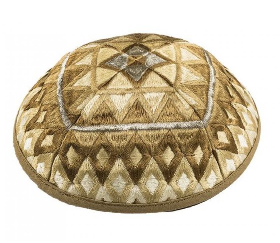 Yair Emanuel Embroidered Silk Cotton Tallit, Squares Design - Gold