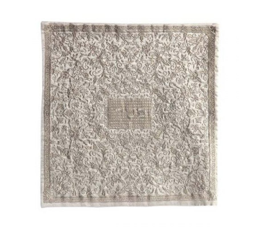 Yair Emanuel Embroidered Silk Floral Matzah & Afikoman Cover, Sold Separately - Silver
