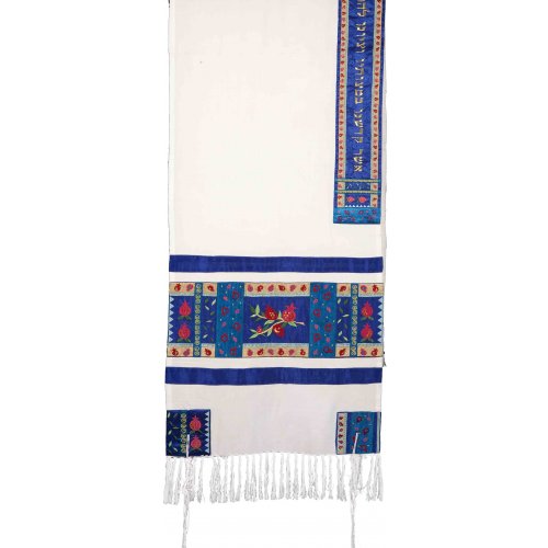Yair Emanuel Embroidered Silk Tallit Set with Pomegranate Design - Red and Blue