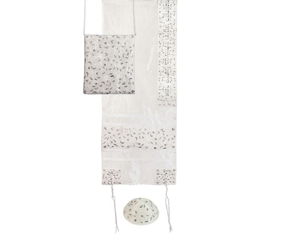 Yair Emanuel Embroidered Silver Polysilk TalliSack Tallit Set - Flowers