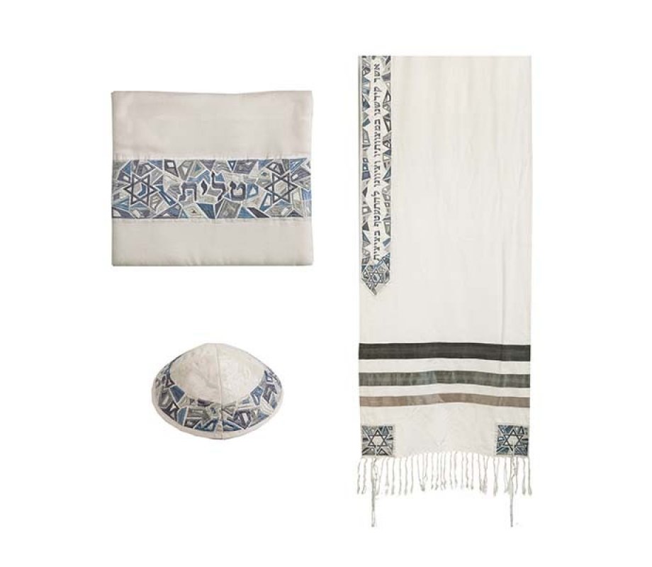 Yair Emanuel Embroidered Star of David Mosaic Tallit Set - Gray