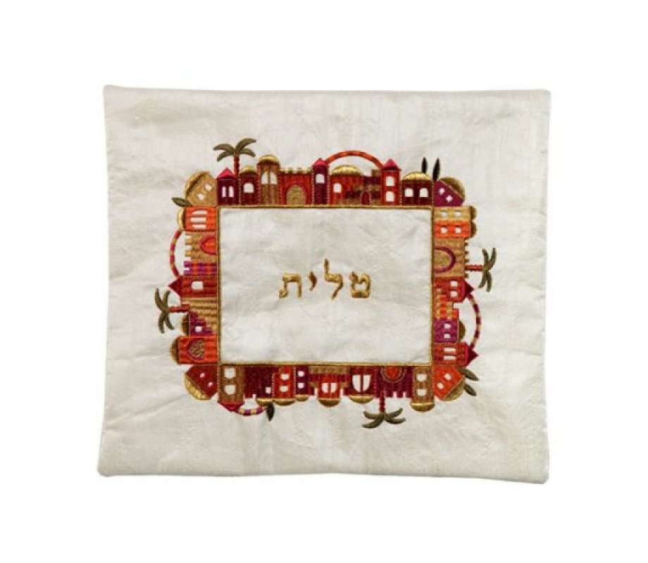Yair Emanuel Embroidered Tallit & Tefillin Bag - Jerusalem Frame on Off White