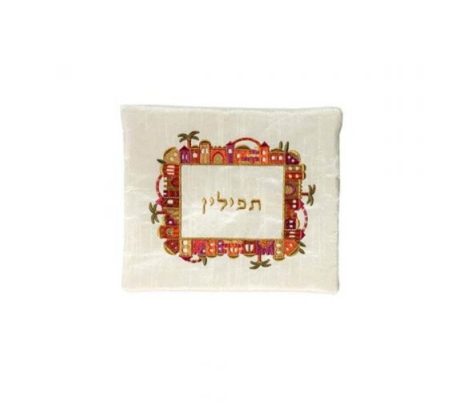 Yair Emanuel Embroidered Tallit & Tefillin Bag - Jerusalem Frame on Off White