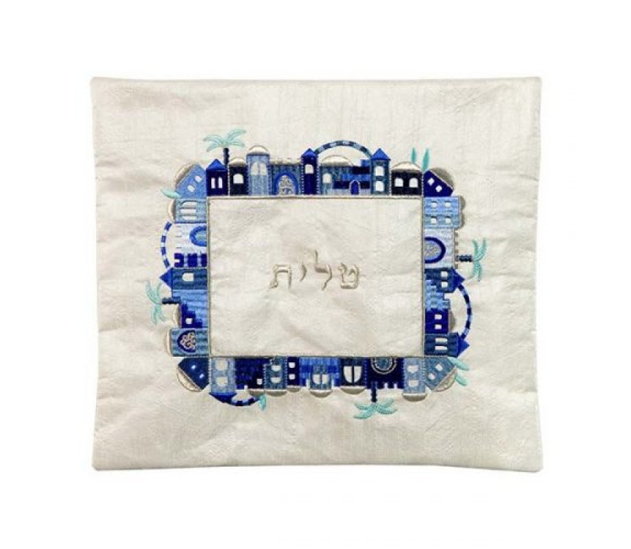Yair Emanuel Embroidered Tallit & Tefillin Bag - Jerusalem Frame on Off White