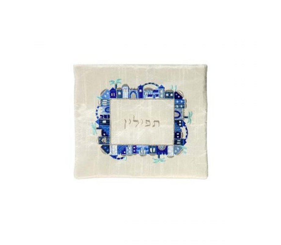 Yair Emanuel Embroidered Tallit & Tefillin Bag - Jerusalem Frame on Off White