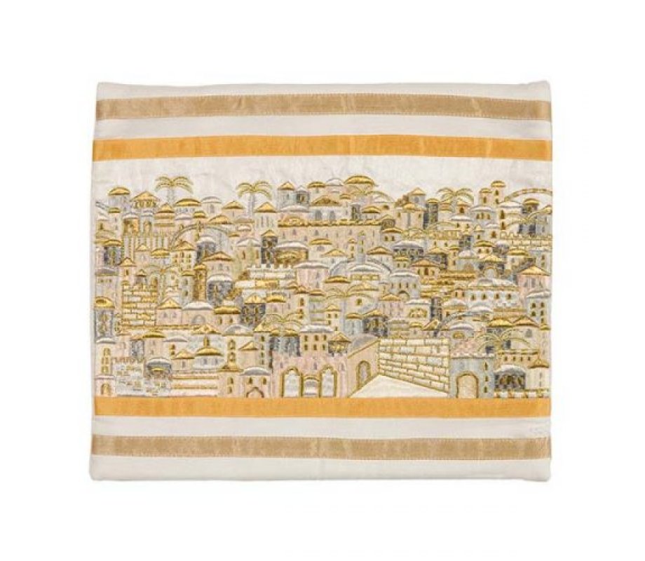 Yair Emanuel Embroidered Tallit Bag, Tefillin Bag Panoramic Jerusalem - Silver and Gold