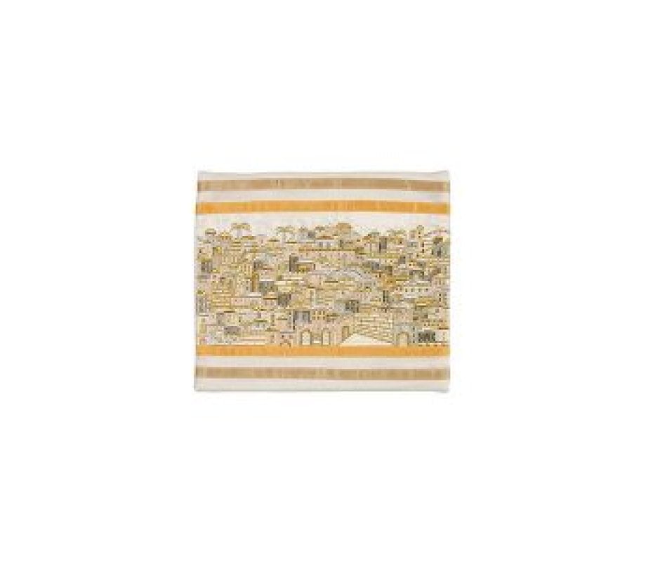Yair Emanuel Embroidered Tallit Bag, Tefillin Bag Panoramic Jerusalem - Silver and Gold