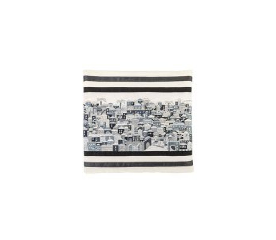 Yair Emanuel Embroidered Tallit Bag, Tefillin bag Panoramic Jerusalem - Black and Gray (Sold Separately)