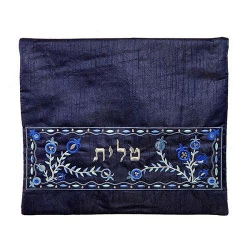 Yair Emanuel, Embroidered Tallit Tefillin Bags - Blue Pomegranates on Dark Blue