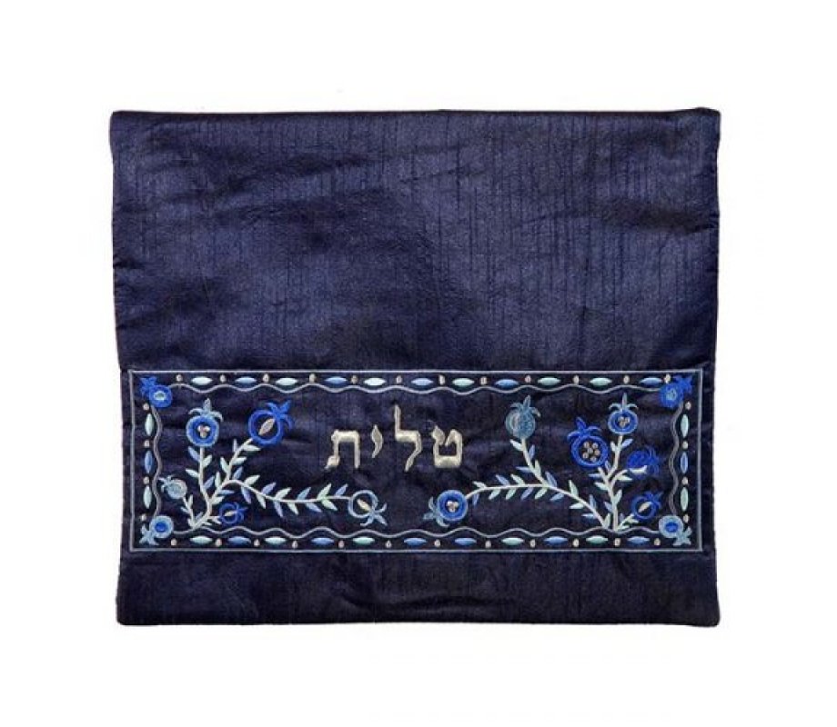 Yair Emanuel, Embroidered Tallit Tefillin Bags - Blue Pomegranates on Dark Blue
