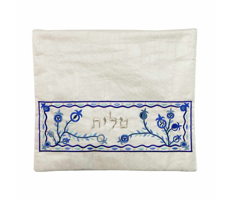 Yair Emanuel, Embroidered Tallit Tefillin Bags - Blue Pomegranates on Off-White (Sold Separately)