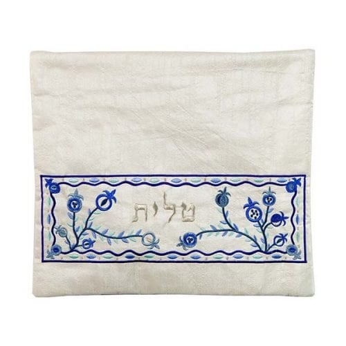 Yair Emanuel, Embroidered Tallit Tefillin Bags - Blue Pomegranates on off-White