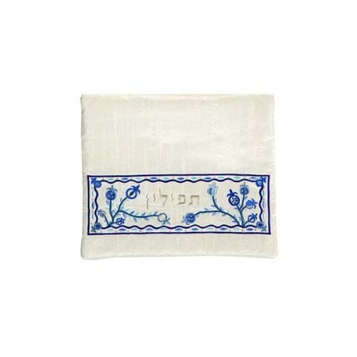 Yair Emanuel, Embroidered Tallit Tefillin Bags - Blue Pomegranates on off-White