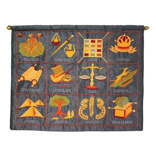 Yair Emanuel Embroidered Wall Hanging of Twelve Tribes Symbols, English - Blue