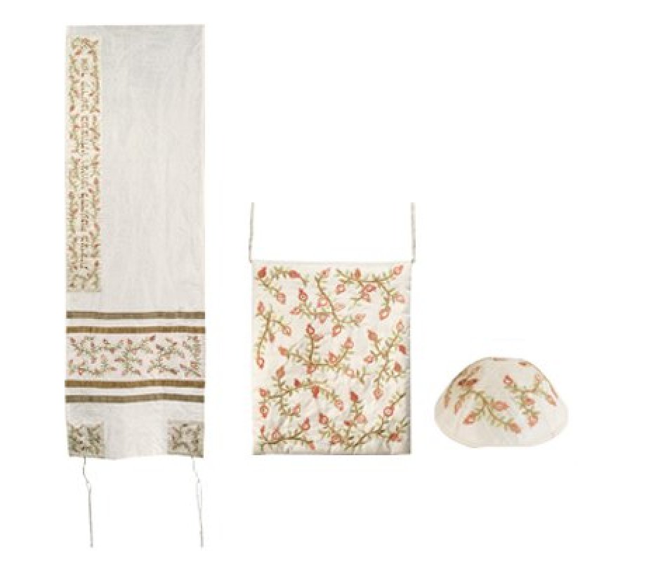 Yair Emanuel Embroidered White PolySilk Tallisack Gold Stripes - Pomegranates