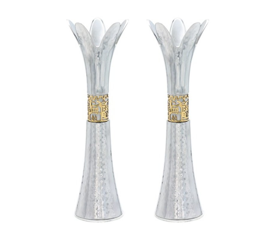 Yair Emanuel, Flower Shaped Textured Candlesticks, Two Tone – Jerusalem Design