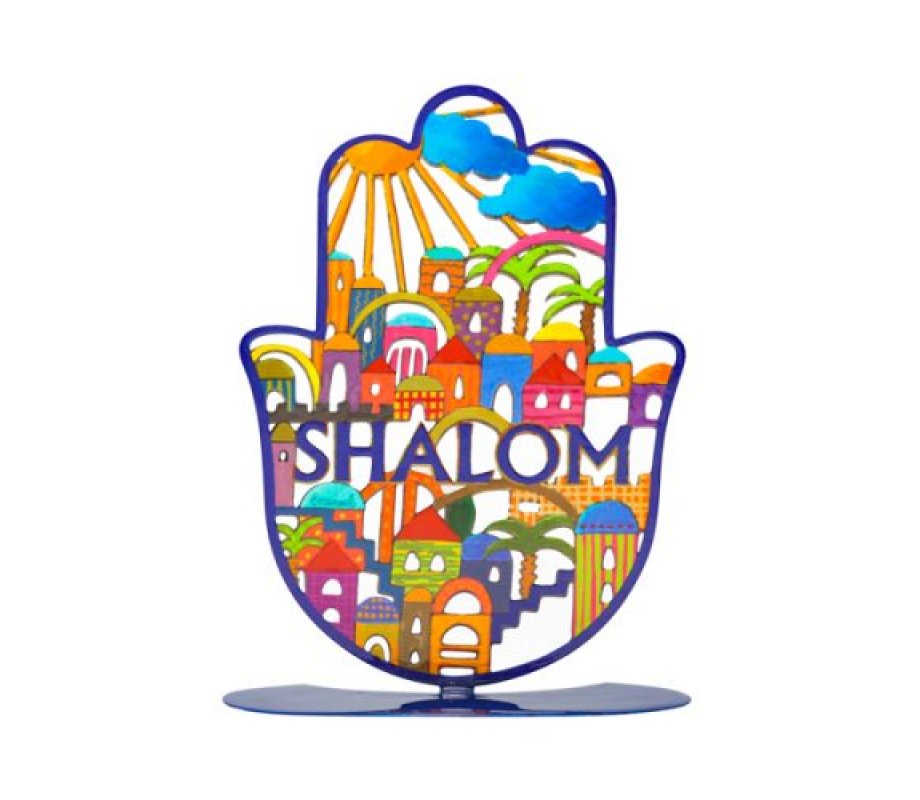 Yair Emanuel, Free-Standing Hamsa with Colorful Jerusalem Images and Shalom