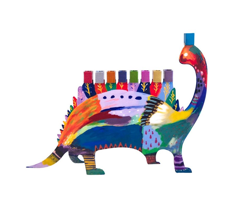 Yair Emanuel Fun Chanukah Menorah, Dinosaur - 2 Sided Design