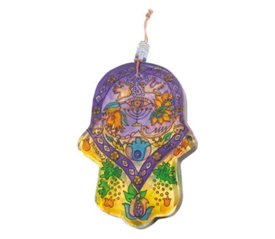 Yair Emanuel Glass Hamsa Wall Decoration - Hand Painted Menorah & Birds