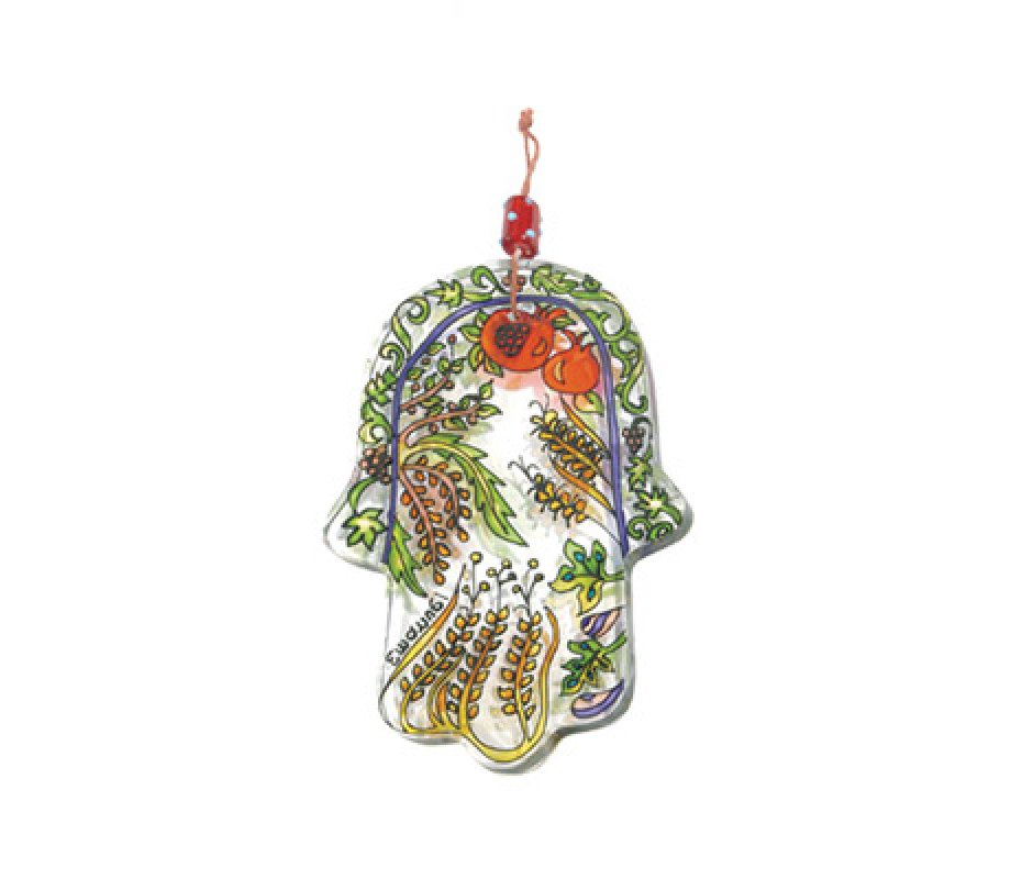 Yair Emanuel Glass Hamsa Wall Hanging, Small - Hand Painted Seven Species