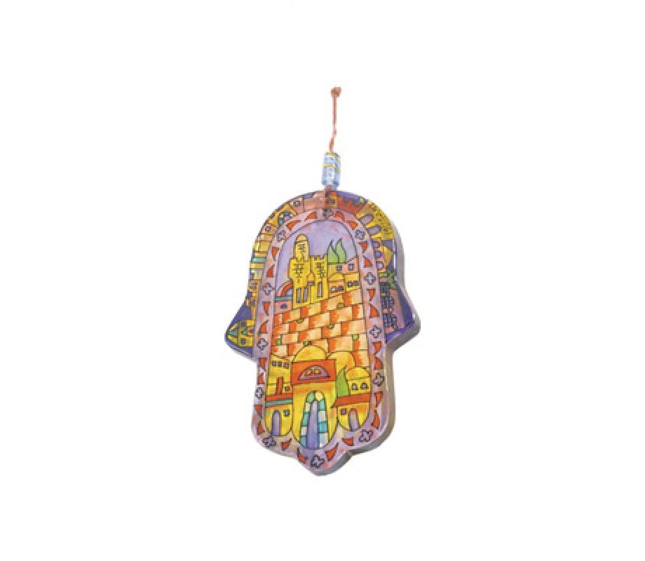 Yair Emanuel Glass Hamsa for Hanging, Small - Hand Painted Jerusalem Images