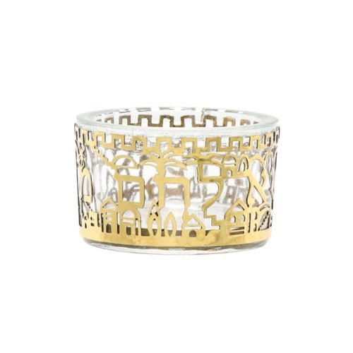 Yair Emanuel Glass Salt Dish with Metal Cutout Jerusalem Design - Gold Brass