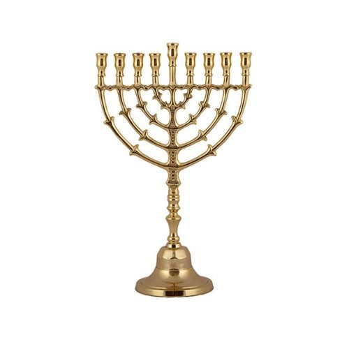 Yair Emanuel, Gold Brass Stem Chanukah Menorah, Leaf Design - 13.5