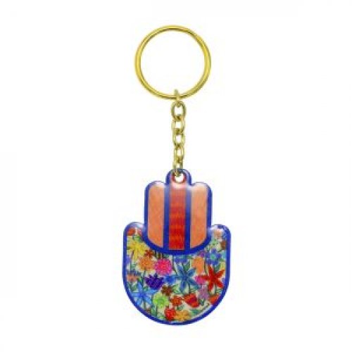 Yair Emanuel, Gold Key Chain  Colorful Hamsa with Flowers