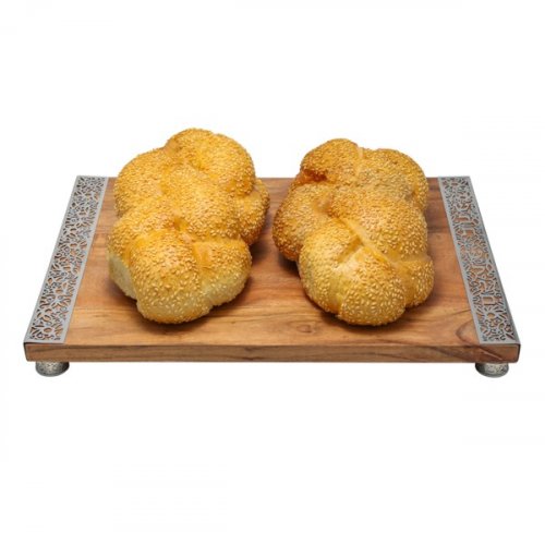 Yair Emanuel Grained Wood Challah Board with Decorative Jerusalem Metal Cutout Border