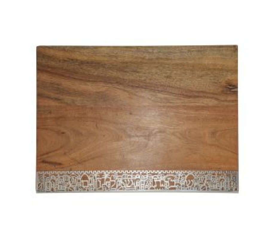 Yair Emanuel Grained Wood Challah Board with Decorative Jerusalem Metal Cutout Border