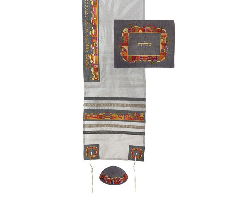 Yair Emanuel Gray on White Polysilk Tallit Set - Embroidered Colorful Jerusalem Design