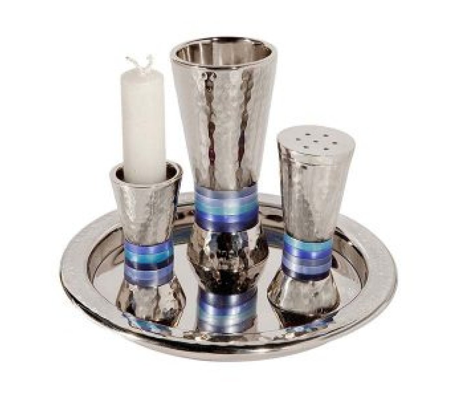 Yair Emanuel Hammered Aluminum Cone Shaped Havdalah Set - Blue Bands
