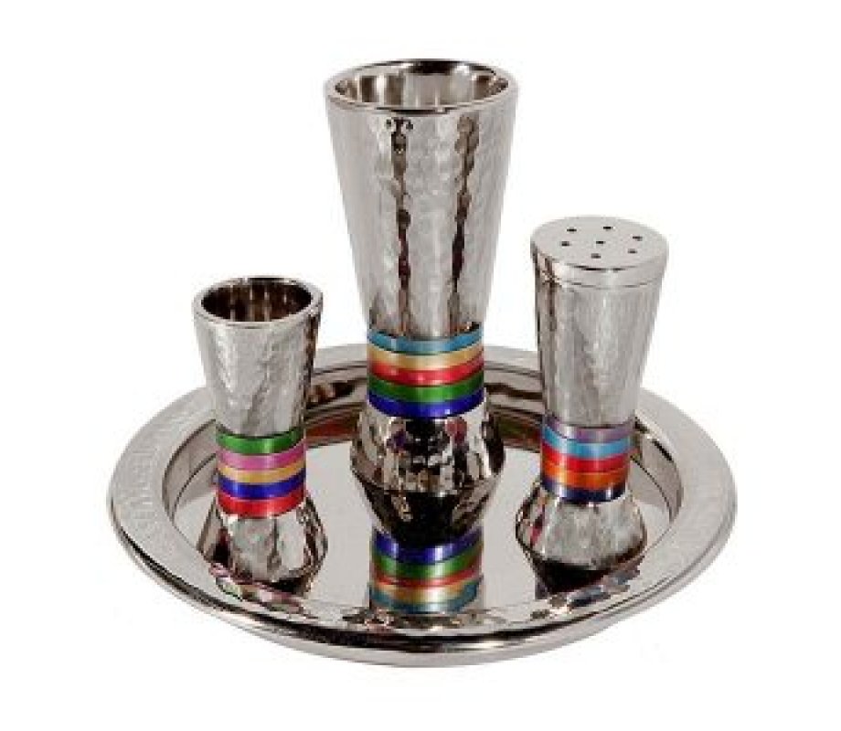 Yair Emanuel Hammered Aluminum Cone Shaped Havdalah Set - Multicolor Bands