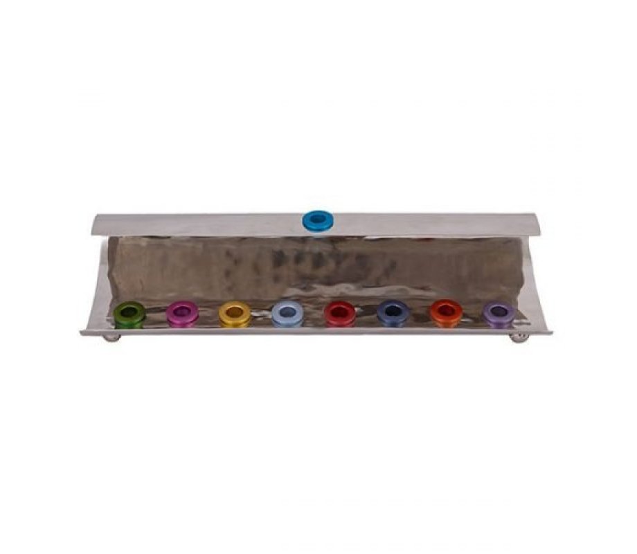 Yair Emanuel Hammered Aluminum Hanukkah Menorah Wave Design - Multicolor