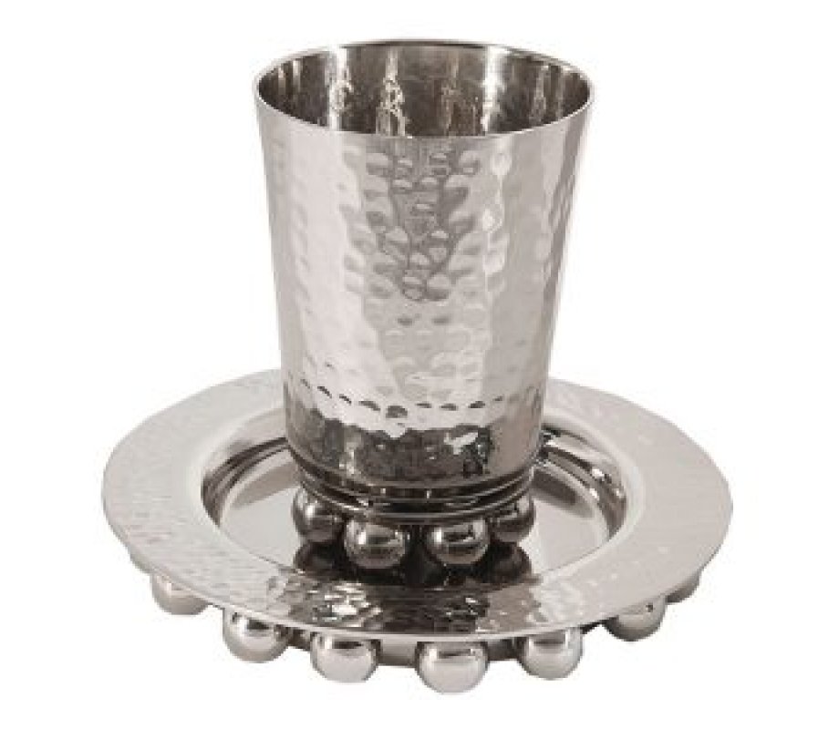 Yair Emanuel Hammered Aluminum Kiddush Set with Decorative Balls - Silver