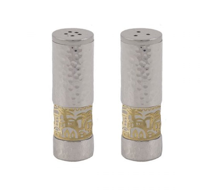 Yair Emanuel Hammered Aluminum Salt & Pepper Set, Gold Jerusalem Band - Silver